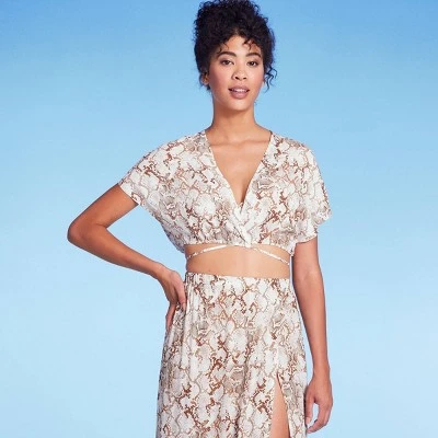 Women's Tie-Front Short Sleeve Cover Up Crop Top - Shade & Shoreâ„¢ Tan Snake Print - Image 2