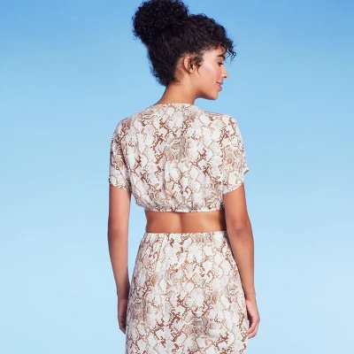 Women's Tie-Front Short Sleeve Cover Up Crop Top - Shade & Shoreâ„¢ Tan Snake Print - Image 5