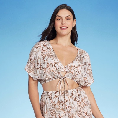 Women's Tie-Front Short Sleeve Cover Up Crop Top - Shade & Shoreâ„¢ Tan Snake Print - Image 6