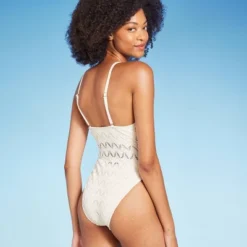 Women's High Neck Crochet Extra High Leg One Piece Swimsuit - Shade & Shore™ Off-White