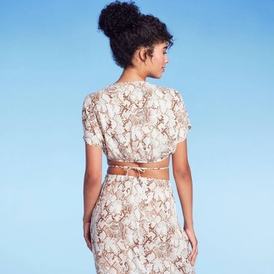 Women's Tie-Front Short Sleeve Cover Up Crop Top - Shade & Shoreâ„¢ Tan Snake Print - Image 4